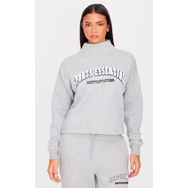 PRETTYLITTLETHING Grey Marl Borg Sports Essentials High Neck Sweatshirt