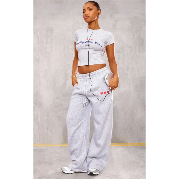 PRETTYLITTLETHING Grey Marl Heart Printed Wide Leg Sweatpants