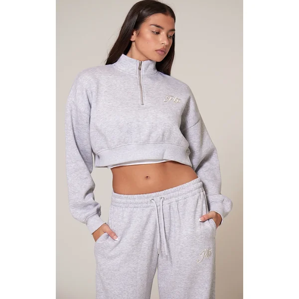 PRETTYLITTLETHING Grey Marl Tonal Embroidered Cropped Half Zip Sweatshirt
