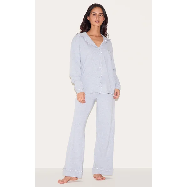 PRETTYLITTLETHING Grey Piping Jersey Long PJ Set