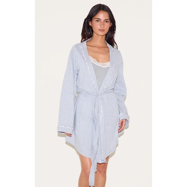 PRETTYLITTLETHING Grey Piping Jersey Robe