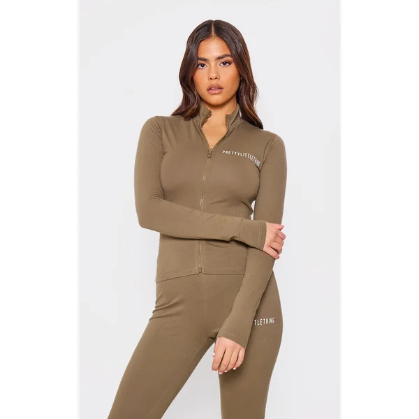 PRETTYLITTLETHING Khaki Jersey Zip Through Long Sleeve Top