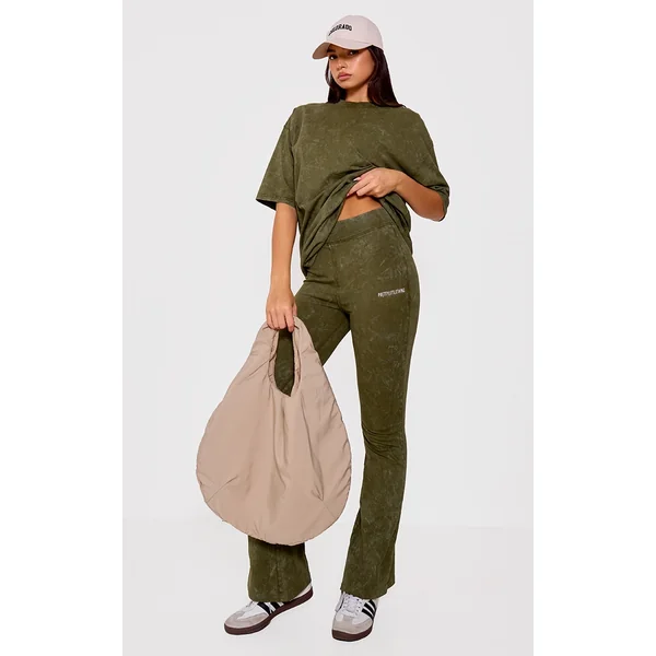 PRETTYLITTLETHING Khaki Print Washed High Waist Flared Pants