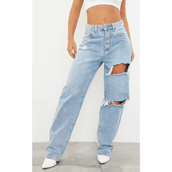 PRETTYLITTLETHING Light Blue Wash Open Knee Boyfriend Jeans