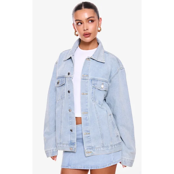 PRETTYLITTLETHING Light Blue Wash Oversized Boyfriend Denim Jacket