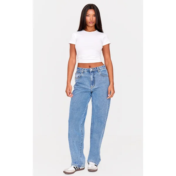 PRETTYLITTLETHING Mid Blue Wash High Waist Boyfriend Jeans
