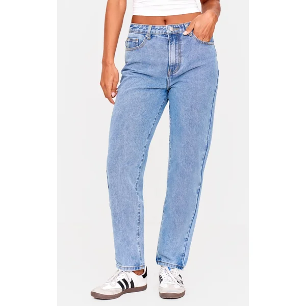 PRETTYLITTLETHING Mid Blue Wash High Waist Mom Jeans