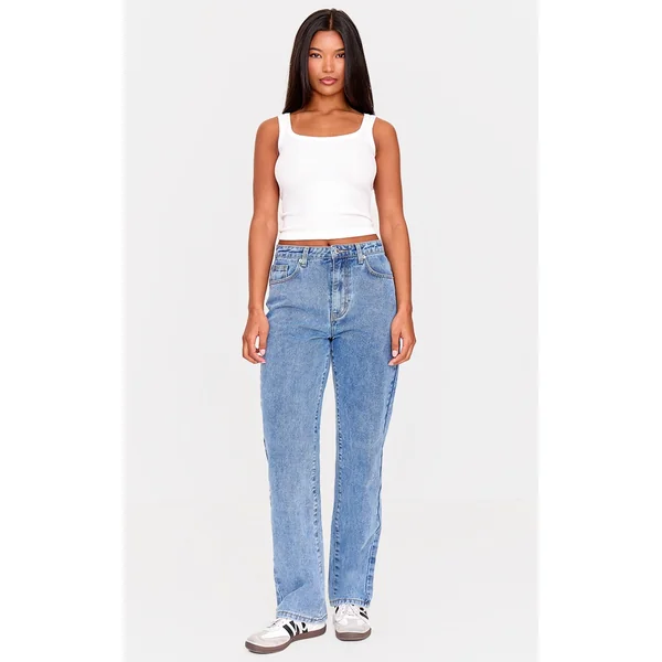 PRETTYLITTLETHING Mid Blue Wash High Waist Straight Leg Jeans