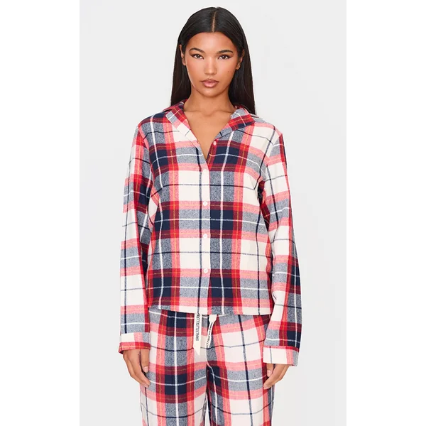 PRETTYLITTLETHING Navy Checked Long Sleeve PJ Shirt