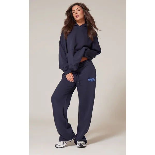 PRETTYLITTLETHING Navy Oversized Puff Print Straight Leg Sweatpants