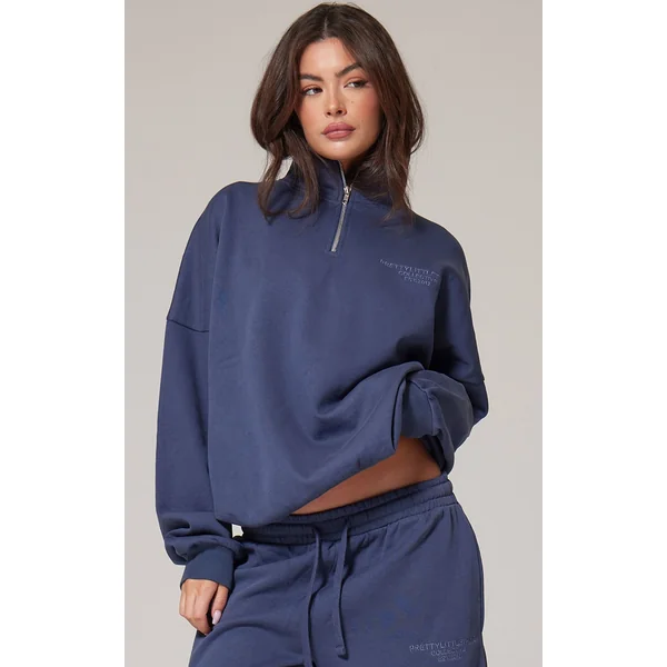 PRETTYLITTLETHING Navy Premium Print Half Zip Sweatshirt