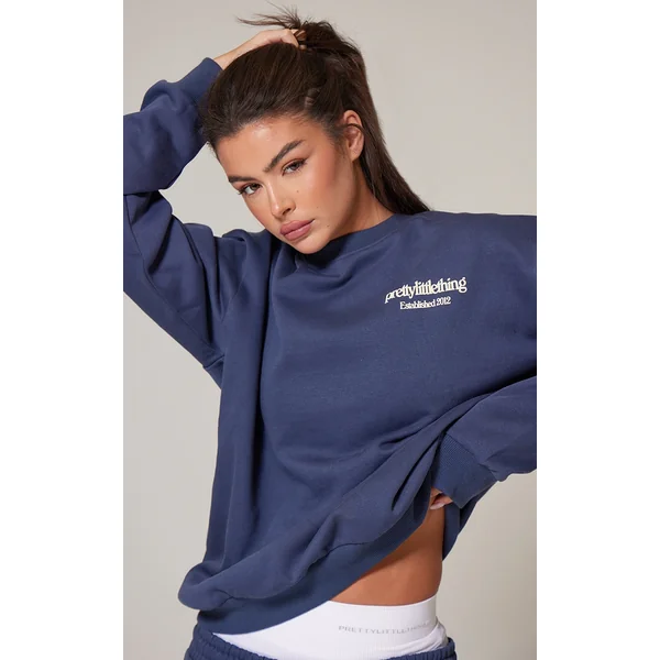 PRETTYLITTLETHING Navy Premium Print Oversized Sweatshirt