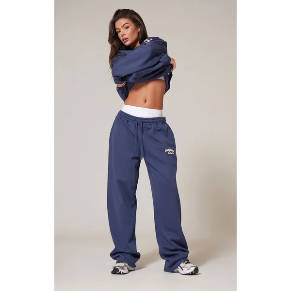 PRETTYLITTLETHING Navy Premium Print Straight Leg Sweatpants
