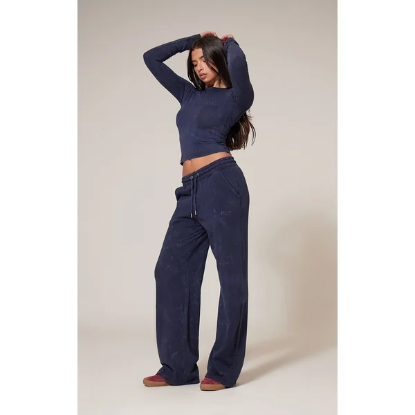PRETTYLITTLETHING Navy Washed Low Rise Oversized Wide Leg Sweatpants