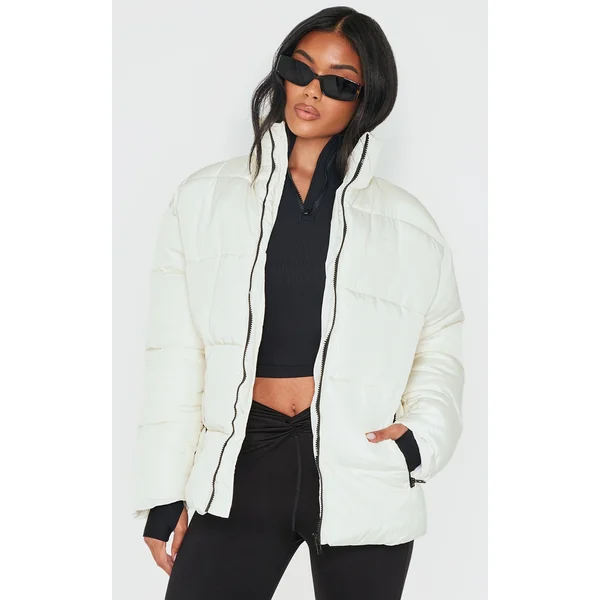PRETTYLITTLETHING Off White Panelled High Neck Puffer Coat