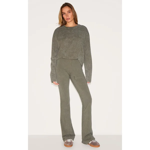 PRETTYLITTLETHING Olive Embossed Logo Washed Skinny Flare Pant