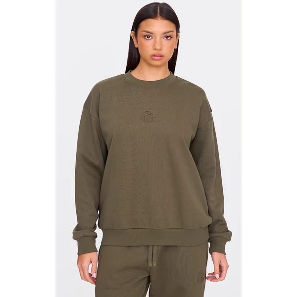 PRETTYLITTLETHING Olive Premium Embossed Oversized Fit Sweatshirt