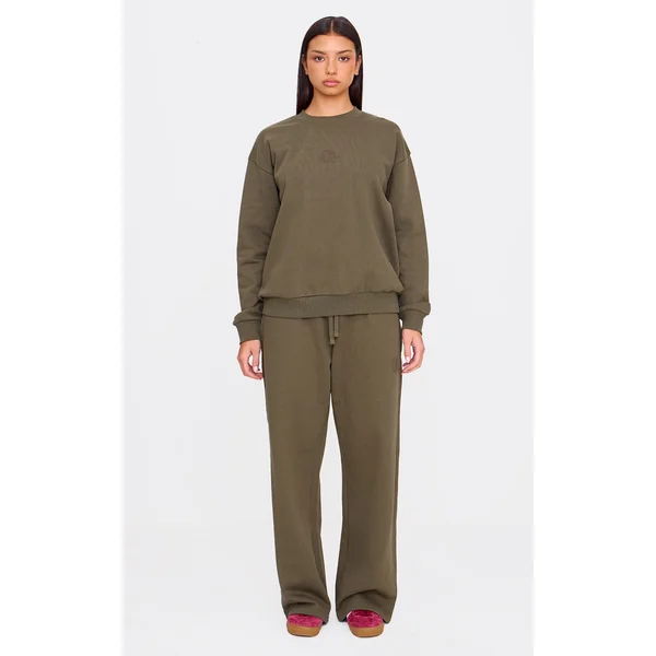 PRETTYLITTLETHING Olive Premium Embossed Wide Leg Sweatpant