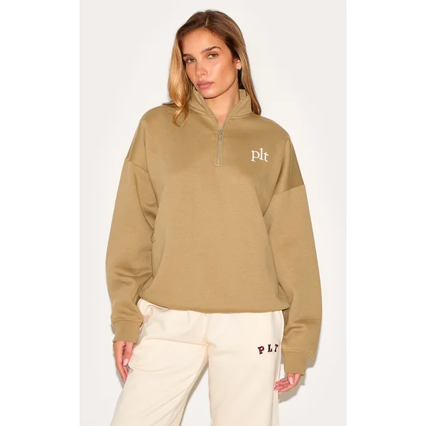 PRETTYLITTLETHING Olive Printed Quarter Zip Sweatshirt