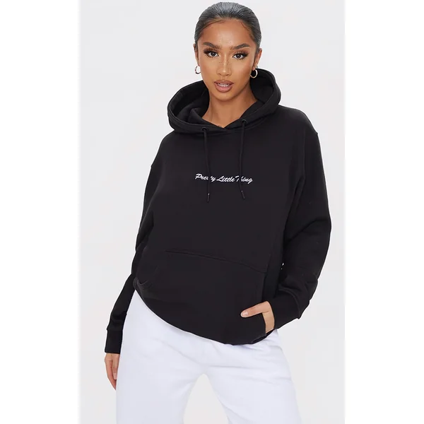 PRETTYLITTLETHING Petite Black Oversized Embroidered Hoodie