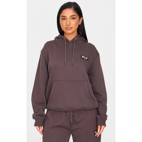 PRETTYLITTLETHING Petite Charcoal Badge Detail Oversized Hoodie