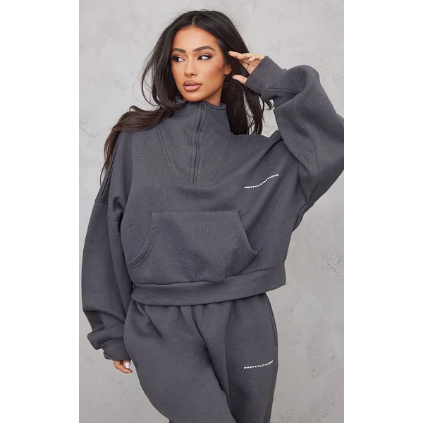 PRETTYLITTLETHING Petite Charcoal Oversized Half Zip Sweat