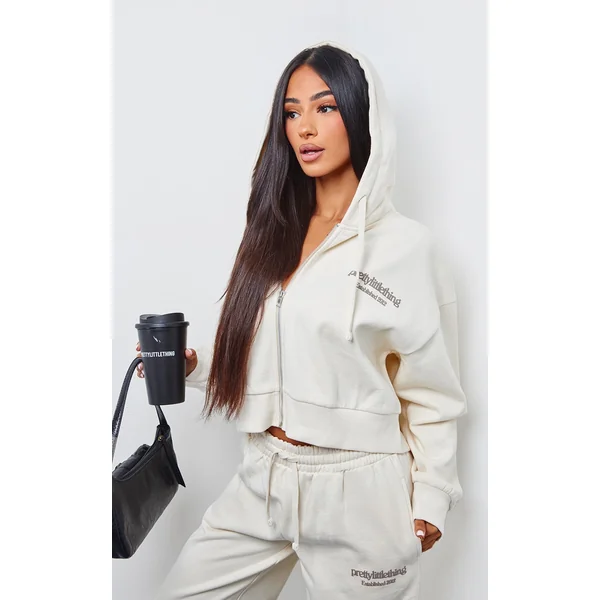 PRETTYLITTLETHING Petite Cream Premium Print Zip Front Hoodie