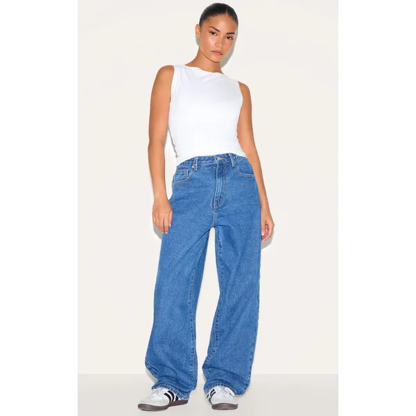 PRETTYLITTLETHING Petite Dark Blue High Waist Boyfriend Jean