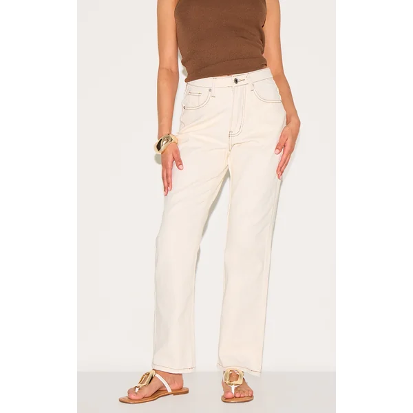 PRETTYLITTLETHING Petite Ecru High Waist Straight Leg Jeans