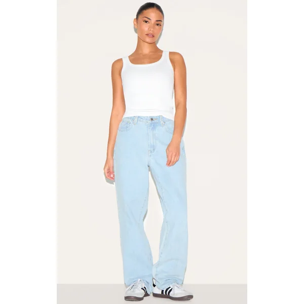 PRETTYLITTLETHING Petite Light Blue High Waist Straight Leg Jeans