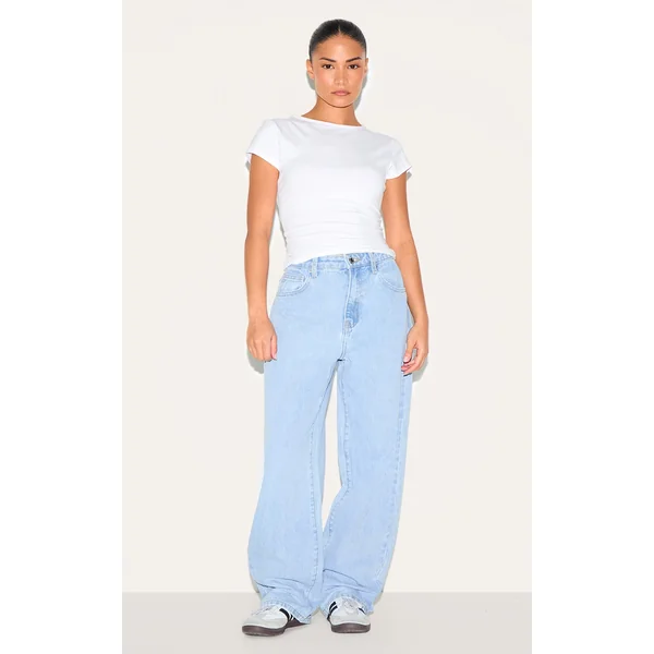PRETTYLITTLETHING Petite Light Blue Wash High Waist Boyfriend Jean