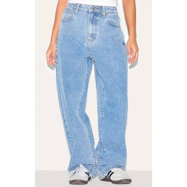 PRETTYLITTLETHING Petite Mid Blue Wash High Waist Boyfriend Jeans