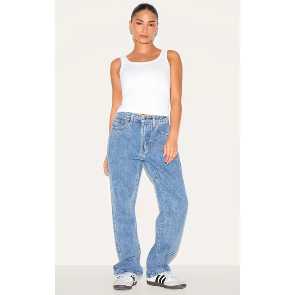 PRETTYLITTLETHING Petite Mid Blue Wash Straight Leg High Waist Jeans