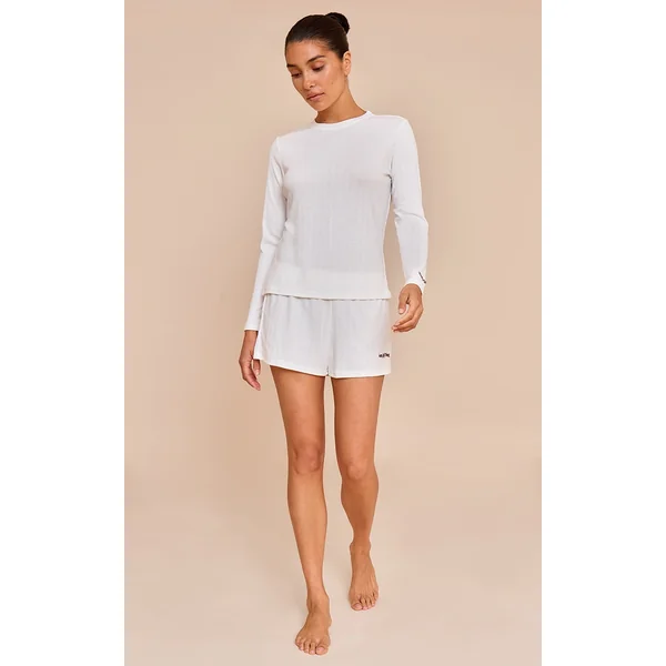 PRETTYLITTLETHING Petite White Embroidered Pointelle Pj Set