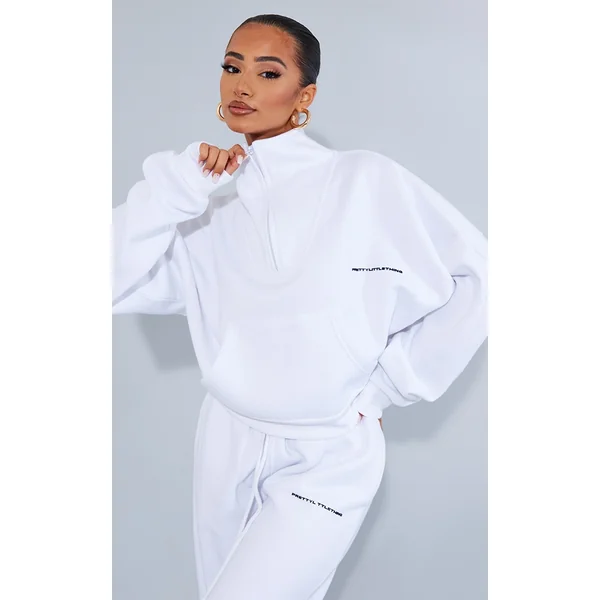 PRETTYLITTLETHING Petite White Oversized Half Zip Sweat