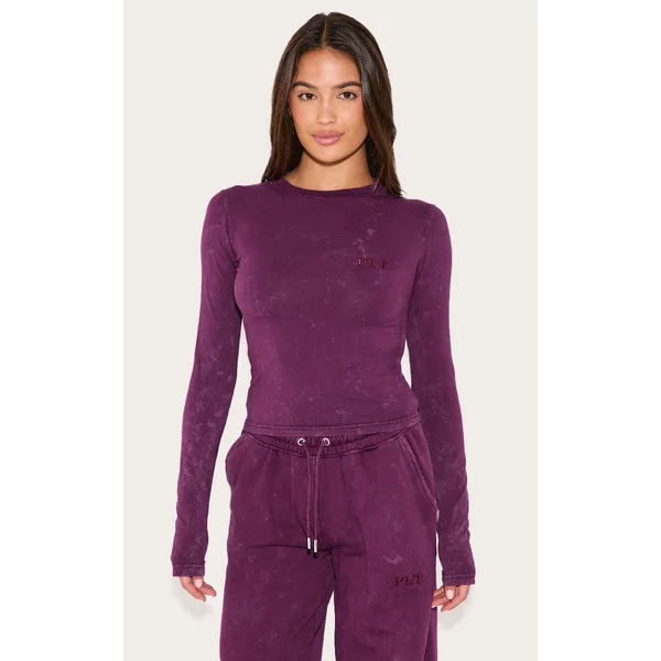 PRETTYLITTLETHING Plum Washed Fitted Long Sleeve T-shirt