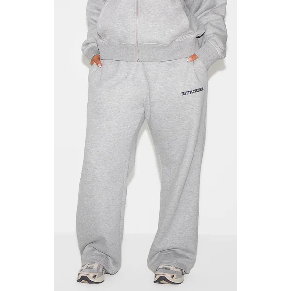 PRETTYLITTLETHING Plus Ash Grey Embroided Wide Leg Sweatpants