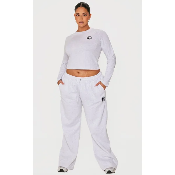 PRETTYLITTLETHING Plus Ash Grey Printed Wide Leg Sweatpants