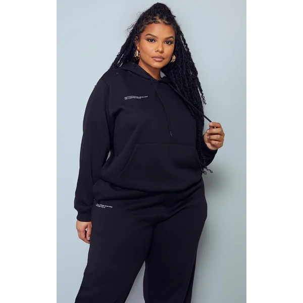 PRETTYLITTLETHING Plus Black Est 2012 Printed Oversized Hoodie