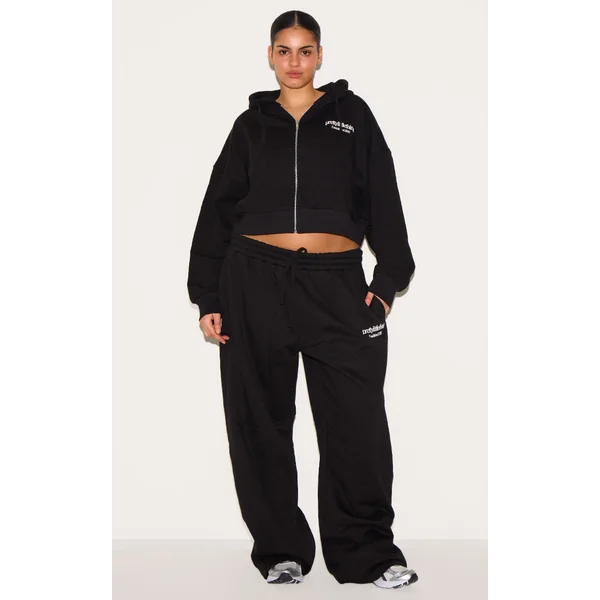 PRETTYLITTLETHING Plus Black Printed Premium Wide Leg Sweatpants