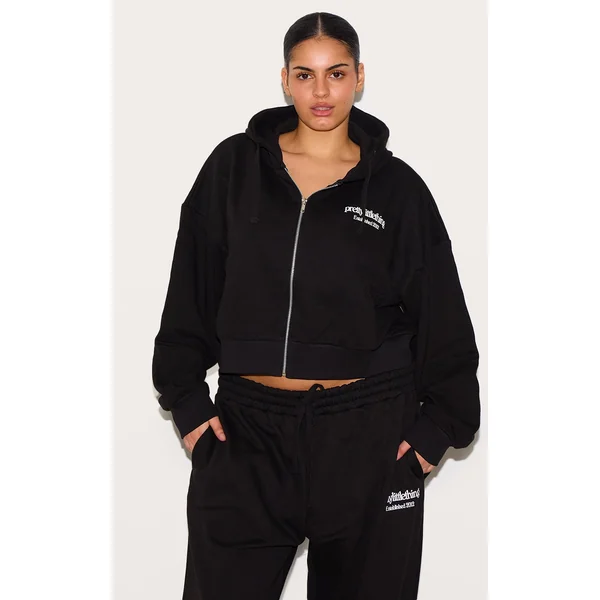 PRETTYLITTLETHING Plus Black Printed Premium Zip Front Hoodie