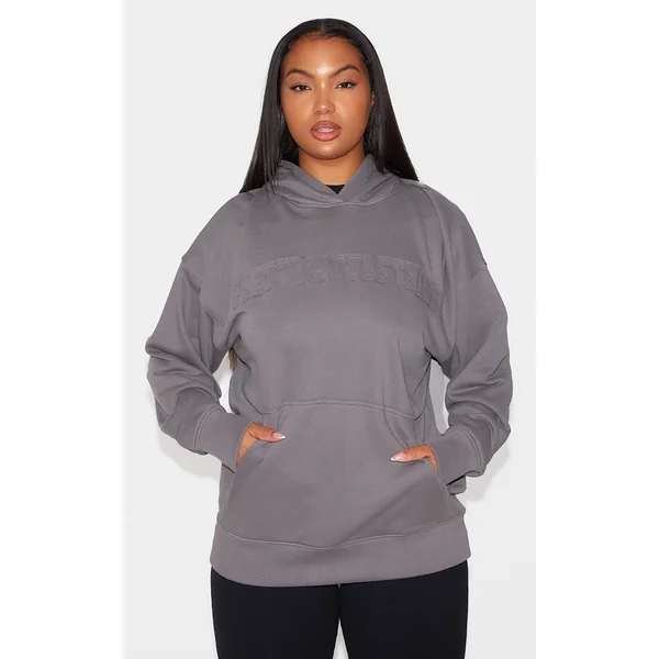 PRETTYLITTLETHING Plus Charcoal Applique Hoodie
