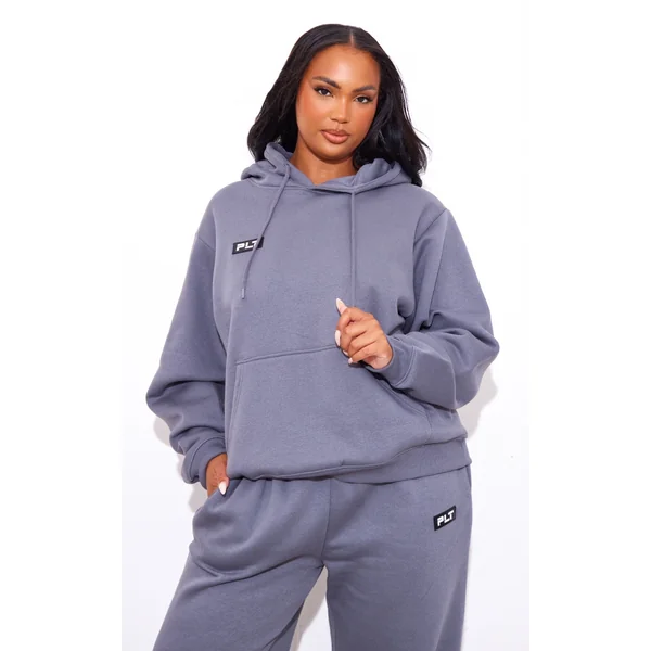 PRETTYLITTLETHING Plus Charcoal Logo Badge Detail Oversized Hoodie