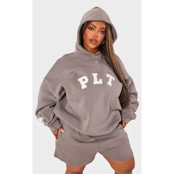 PRETTYLITTLETHING Plus Charcoal Logo Oversized Hoodie