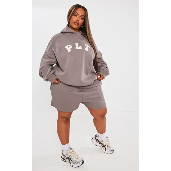 PRETTYLITTLETHING Plus Charcoal Logo Oversized Sweat Shorts