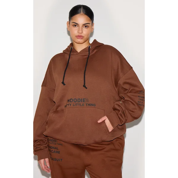 PRETTYLITTLETHING Plus Chocolate Oversized Fit Graphic Printed Hoodie