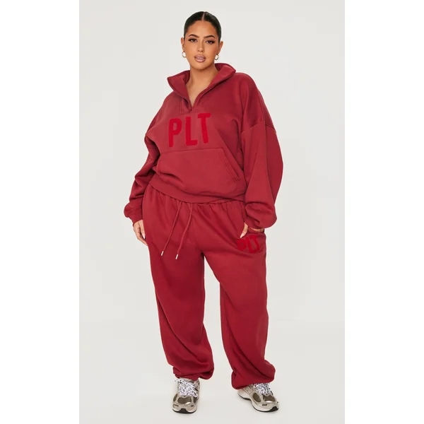 PRETTYLITTLETHING Plus Dark Red Borg Applique Cuffed Sweatpants