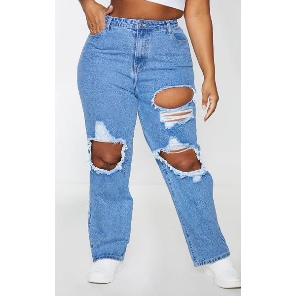 PRETTYLITTLETHING Plus Mid Blue Ripped Straight Leg Jeans