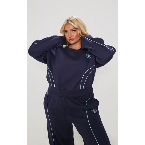 PRETTYLITTLETHING Plus Navy Embroidered Contrast Piping Sweatshirt