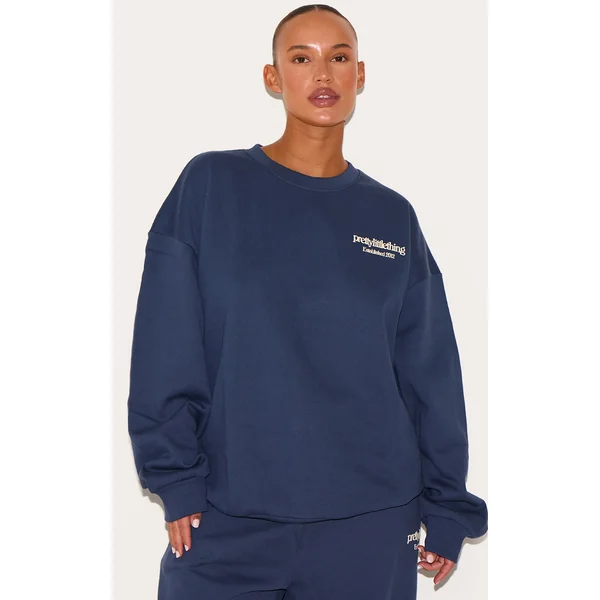 PRETTYLITTLETHING Plus Navy Printed Premium Oversized Sweatshirt